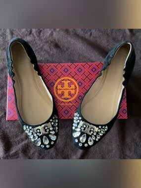 Tory Burch Delphine ballet kid suede Black Jeweled Pointed Ballet Flats